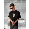 Ön ve Arka Baskılı Oversize Bisiklet Yaka T-shirt - Siyah