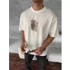 Ön ve Arka Baskılı Oversize Bisiklet Yaka T-shirt - Beyaz