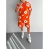 İki İplik Kumaş Baskılı T-shirt Şortlu Takım- Turuncu