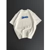 Ön ve Arka Baskılı Oversize Bisiklet Yaka T-shirt- Beyaz