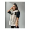 Kadın Complex Kolları Deri Kolej Oversize T-shirt - Beyaz