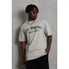Unisex Oversize Baskılı Bisiklet Yaka T-Shirt - Gri