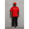 Unisex Oversize Baskılı Bisiklet Yaka T-Shirt - Kırmızı