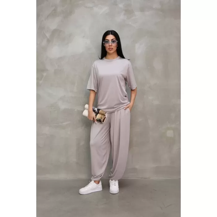 Osy Modal Yumuşak Dokulu Kumaş Oversize Bisiklet Yaka T-shirt Jogger Eşofman Altı Eşofman Takımı - Gri