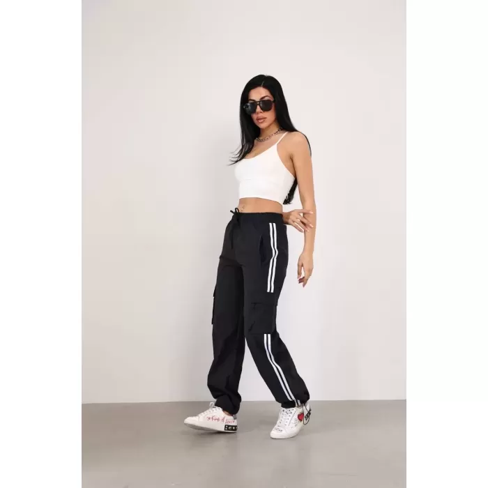 Paraşüt Kumaş Kargo Ceplı Baggy Eşofman - Siyah