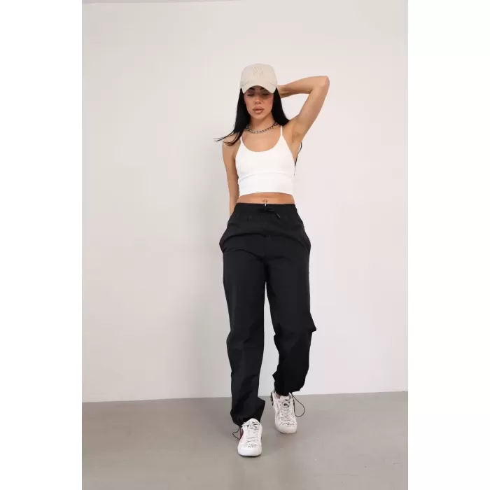 Praşut Kumaş Paça Cepli Baggy Eşofman - Siyah