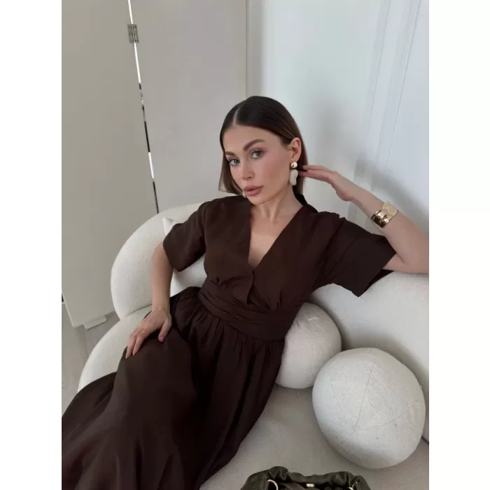Kısa Kollu Uzun Elbise - Kahve