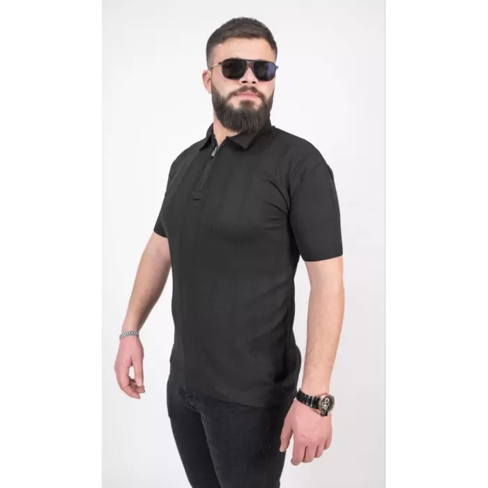 Triko Dokuma Yarım Fermuarlı Yakalı T-shirt - Siyah