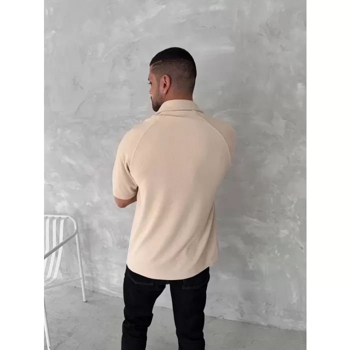Yakalı Patlı Kısa Kol T-shirt - Bej