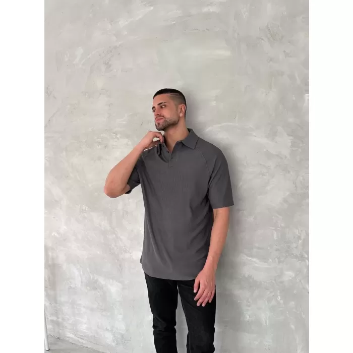 Yakalı Patlı Kısa Kol T-shirt - Antrasit