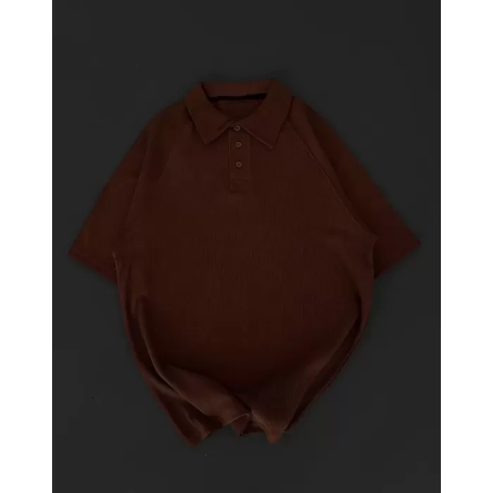 Yakalı Patlı Kısa Kol T-shirt - Kahverengi