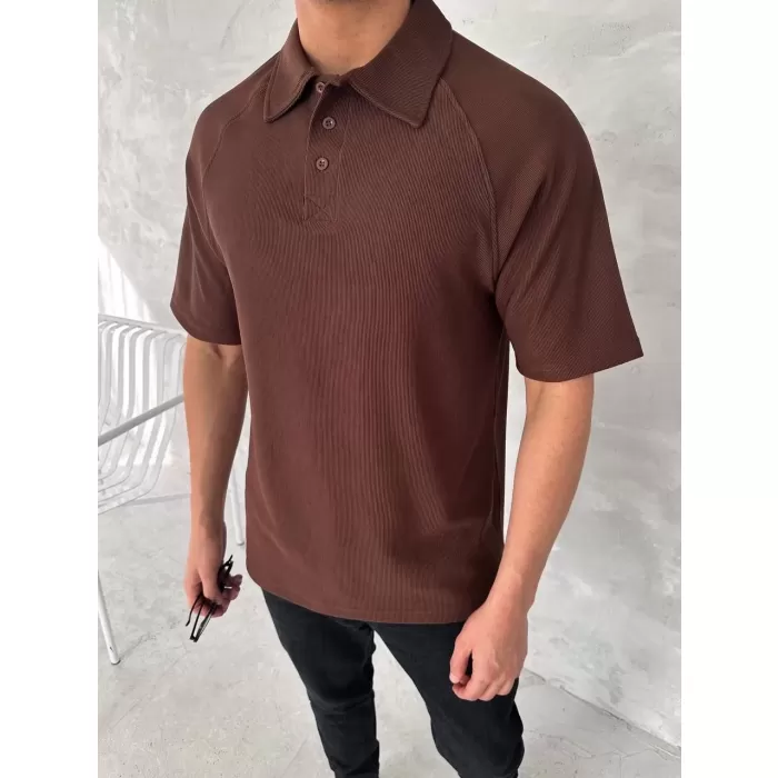 Yakalı Patlı Kısa Kol T-shirt - Kahverengi