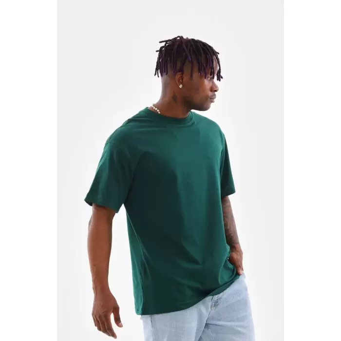 Unisex Oversize Düz Bisiklet Yaka T-Shirt - Koyu Yeşili