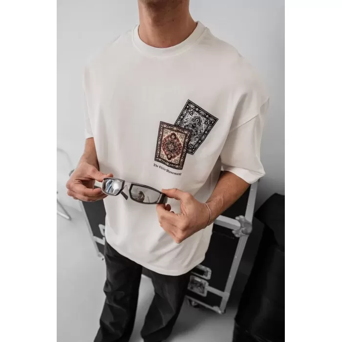 Erkek Baskılı Oversize T-shirt - Beyaz