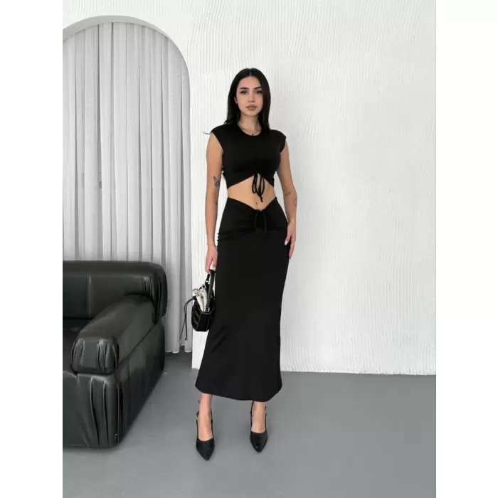 Osy Modal Yumuşak Dokulu Kumaş Büzgülü Crop Etek Takım - Siyah