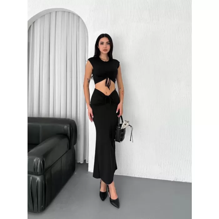 Osy Modal Yumuşak Dokulu Kumaş Büzgülü Crop Etek Takım - Siyah