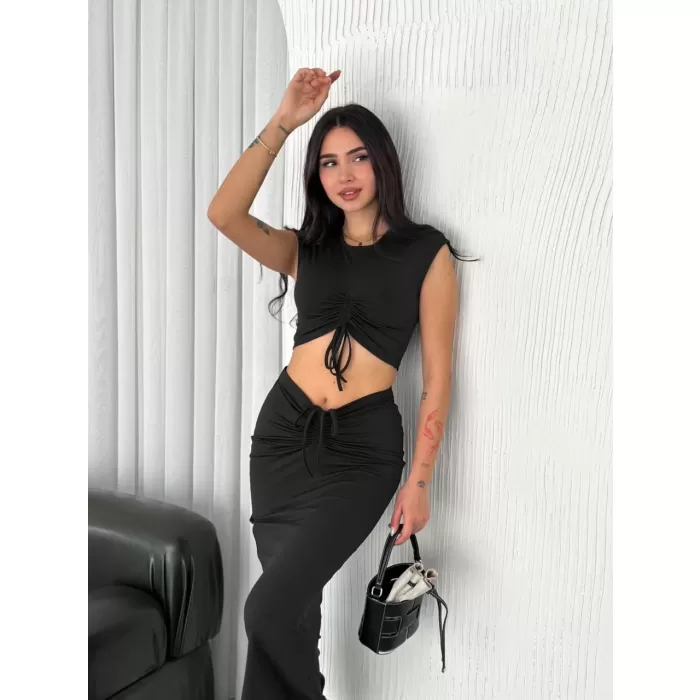 Osy Modal Yumuşak Dokulu Kumaş Büzgülü Crop Etek Takım - Siyah