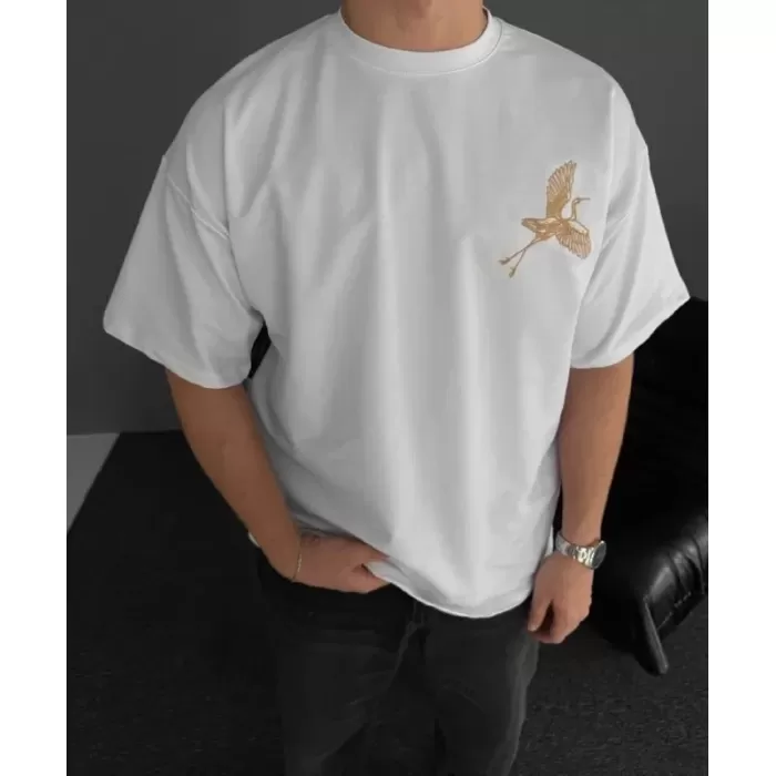 Ön ve Arka Baskılı Oversize Bisiklet Yaka T-shirt - Beyaz