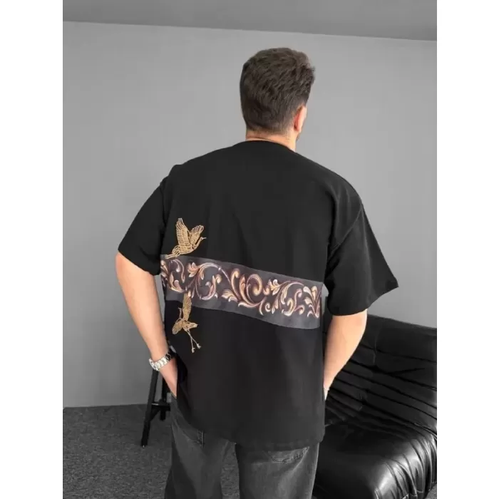 Ön ve Arka Baskılı Oversize Bisiklet Yaka T-shirt - Siyah