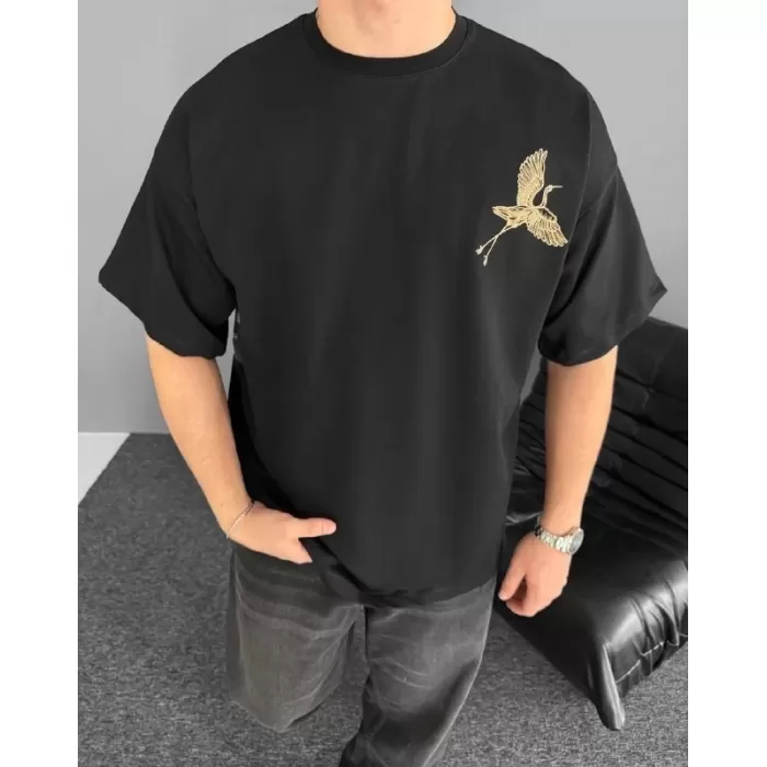 Ön ve Arka Baskılı Oversize Bisiklet Yaka T-shirt - Siyah