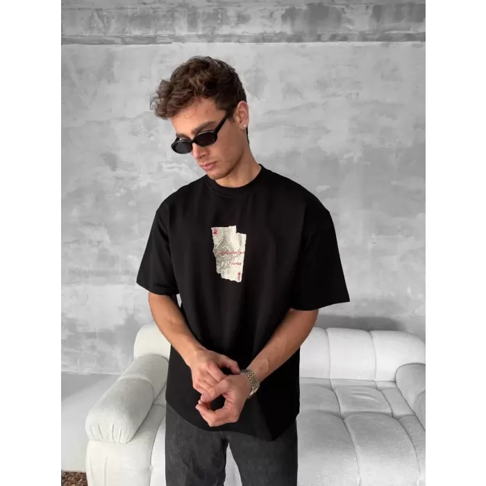 Ön ve Arka Baskılı Oversize Bisiklet Yaka T-shirt - Siyah