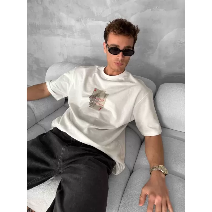 Ön ve Arka Baskılı Oversize Bisiklet Yaka T-shirt - Beyaz