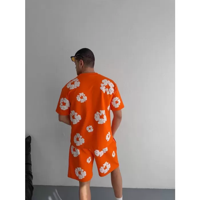 İki İplik Kumaş Baskılı T-shirt Şortlu Takım- Turuncu