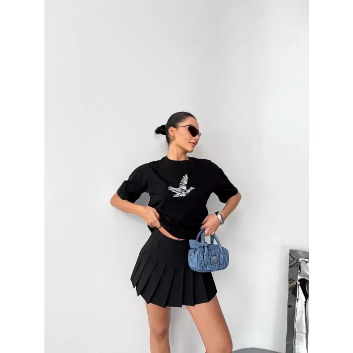 Kısa Kol Baskılı T-shirt - Siyah