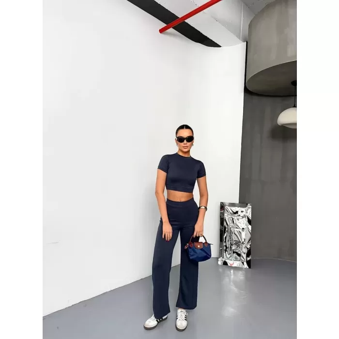 Osy Modal Yumuşak Dokulu Kumaş Kısa Kollu Crop Alt ispanyol Paça Pantalon ikili Takım - Füme