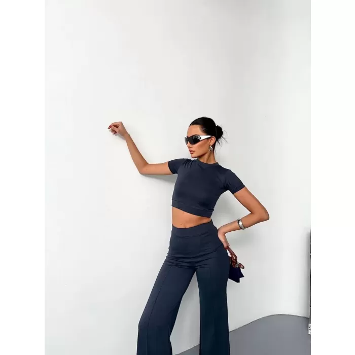 Osy Modal Yumuşak Dokulu Kumaş Kısa Kollu Crop Alt ispanyol Paça Pantalon ikili Takım - Füme