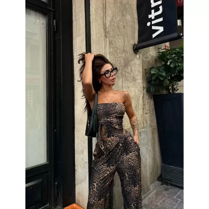 leopar desenli önden bağlamalı bluz Pantolon İkili Takım -Leopar
