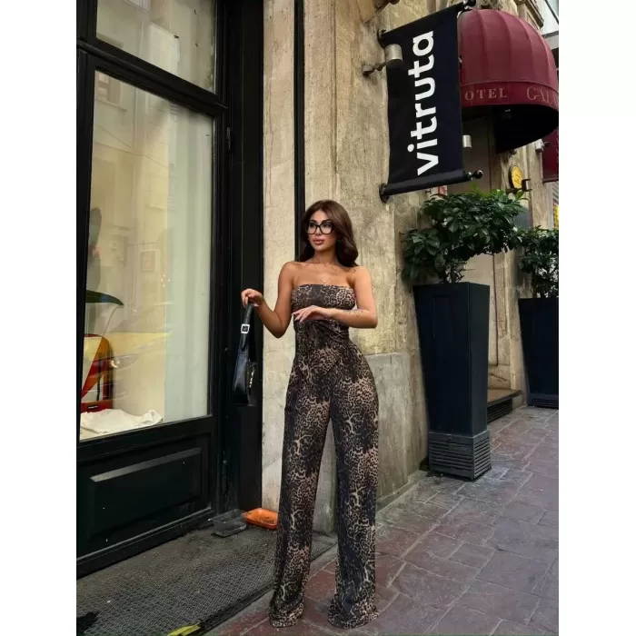 leopar desenli önden bağlamalı bluz Pantolon İkili Takım -Leopar