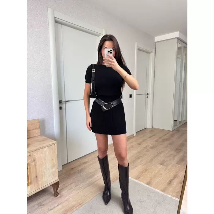 Kısa Kollu Bluz Mini Etekli ikili Takım Triko - Siyah