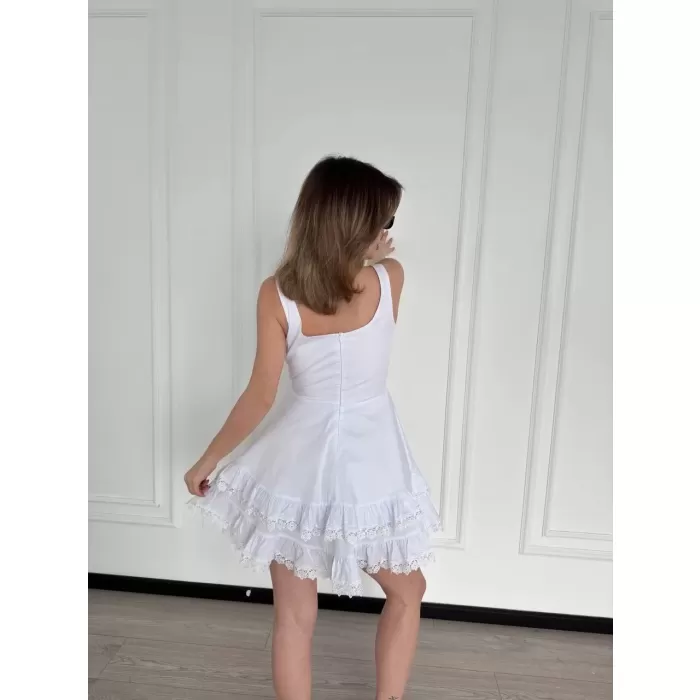 Fırfırlı Askılı Mini Elbise - Beyaz