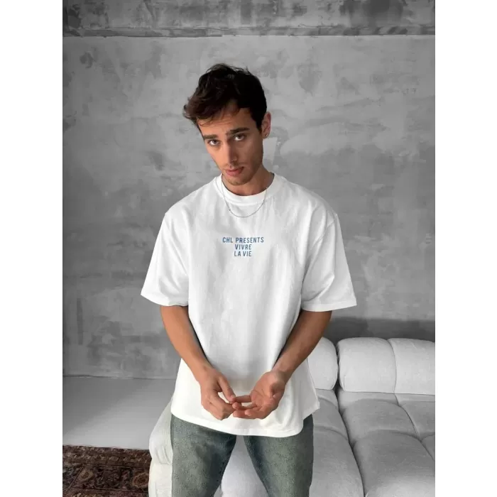 Ön ve Arka Baskılı Oversize Bisiklet Yaka T-shirt- Beyaz