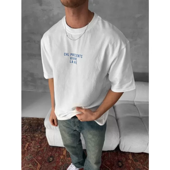 Ön ve Arka Baskılı Oversize Bisiklet Yaka T-shirt- Beyaz
