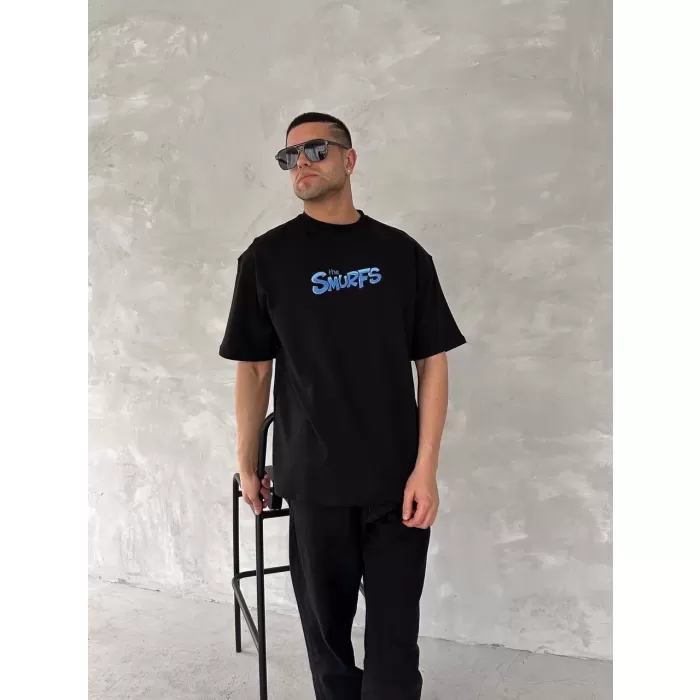 Ön ve Arka Baskılı Oversize Bisiklet Yaka T-shirt- Siyah
