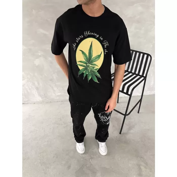 Ön ve Arka Baskılı Oversize Bisiklet Yaka T-shirt- Siyah