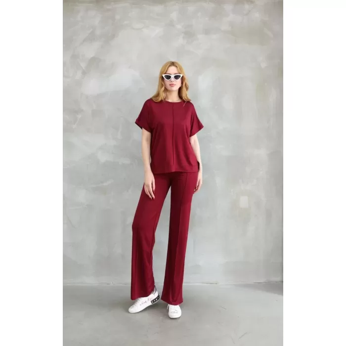 Osy Modal Yumuşak dokulu Kumaş Bisiklet Yaka Kısa Kollu Takım - Bordo