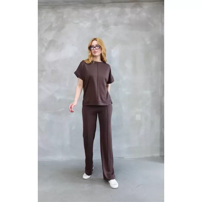 Osy Modal Yumuşak dokulu Kumaş Bisiklet Yaka Kısa Kollu Takım - Kahverengi