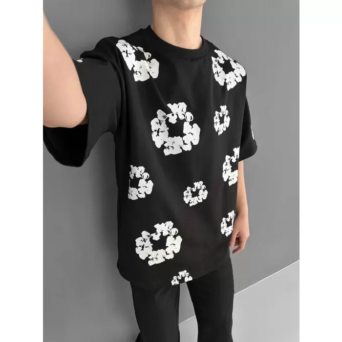 Ön ve Arka Baskılı Oversize Bisiklet Yaka T-shirt- Siyah