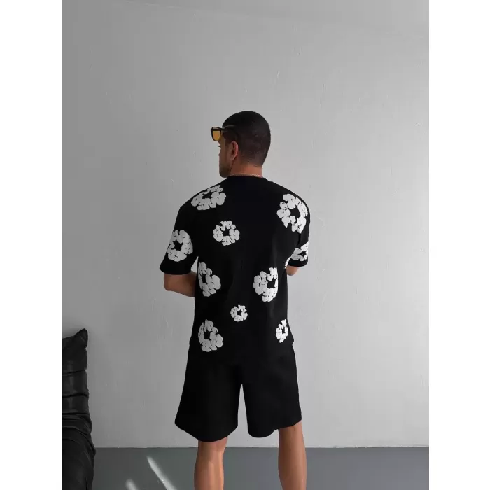 Ön ve Arka Baskılı Oversize Bisiklet Yaka T-shirt- Siyah
