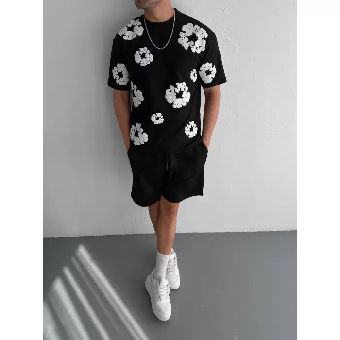 Ön ve Arka Baskılı Oversize Bisiklet Yaka T-shirt- Siyah