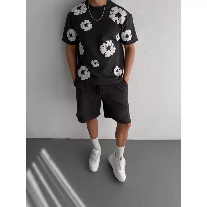 Ön ve Arka Baskılı Oversize Bisiklet Yaka T-shirt- Siyah