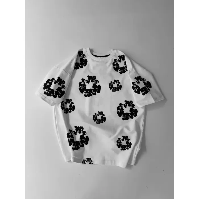 Ön ve Arka Baskılı Oversize Bisiklet Yaka T-shirt- Beyaz