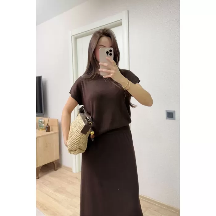Bisiklet Yaka Bluz Uzun Etekli ikili Takım Triko - Kahve