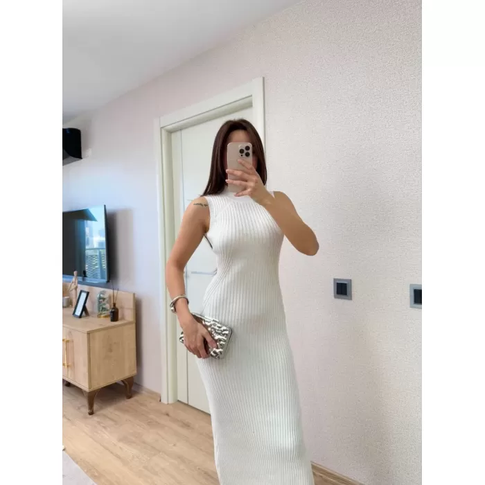 Fitilli Triko Elbise Maxi Uzun boy - Beyaz