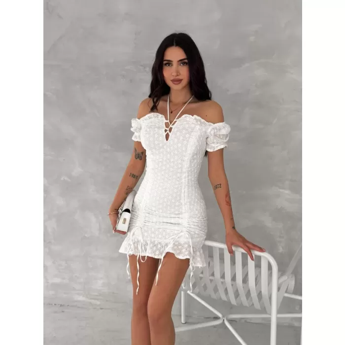 Göğüs Bağlamalı Mini Elbise - Beyaz