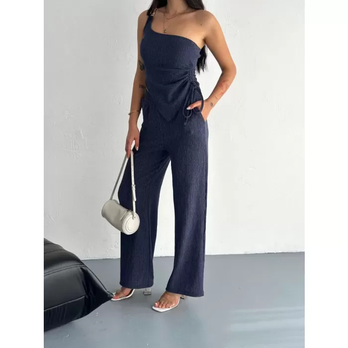 Asimetrik Crop Pantalon ikili Takım - Lacivert