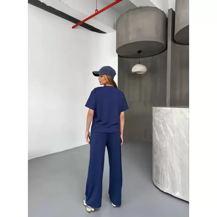 Osy Modal Yumuşak Dokulu Kumaş Kısa Kollu Bluz Rahat Pantalon ikili Takım- Lacivert